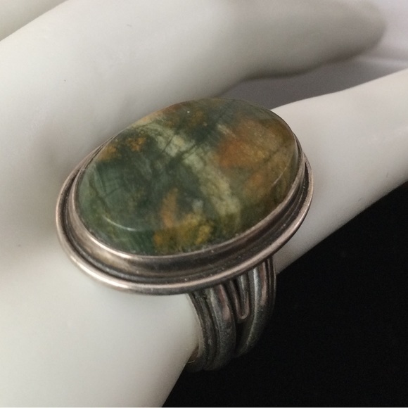 Vintage Jasper Cabochon & Silver Ring Stamped Sterling Circle M - Louis J. Meyer - Picture 4 of 9